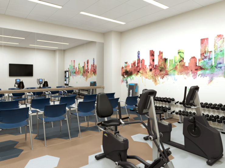 A bright fitness area features colorful cityscape murals, inviting community gatherings and wellness activities.