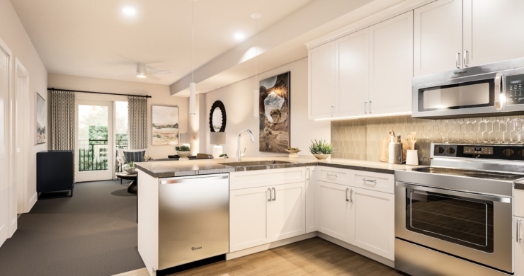 A bright, inviting kitchen with modern appliances and elegant decor, perfect for community gatherings.