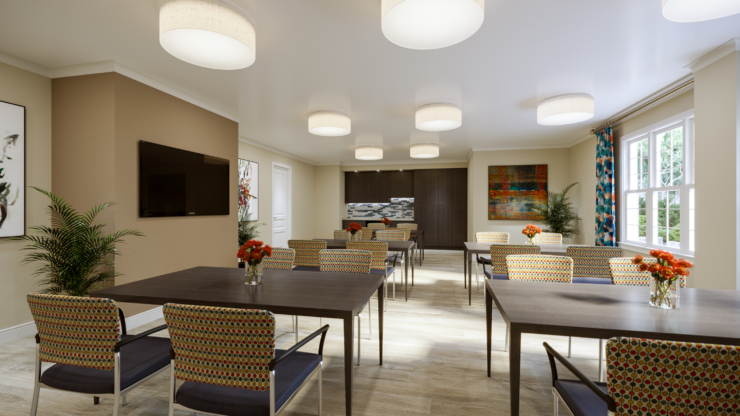 Bright, inviting space filled with colorful decor and floral arrangements, perfect for community gatherings.