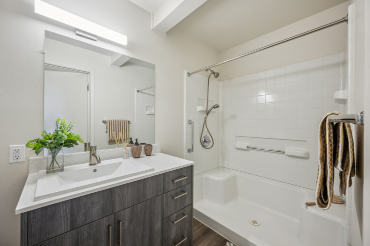A serene bathroom featuring modern fixtures, soothing decor, and thoughtful details for comfort.