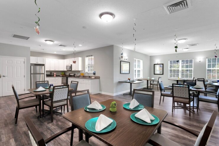 Bright dining area featuring cheerful decor, inviting tables, and a warm, welcoming atmosphere.