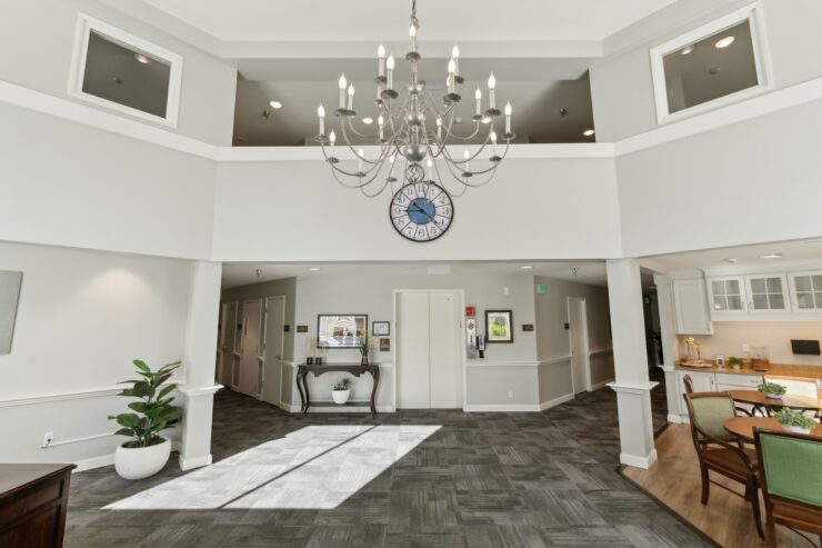 Bright and inviting, the welcoming common area features elegant decor and ample space for community gatherings.