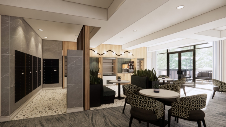 A welcoming lounge with elegant seating, inviting plants, and natural light, perfect for community connections.