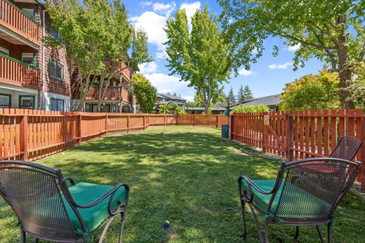 A serene outdoor space with inviting chairs, surrounded by lush greenery and a welcoming fence.