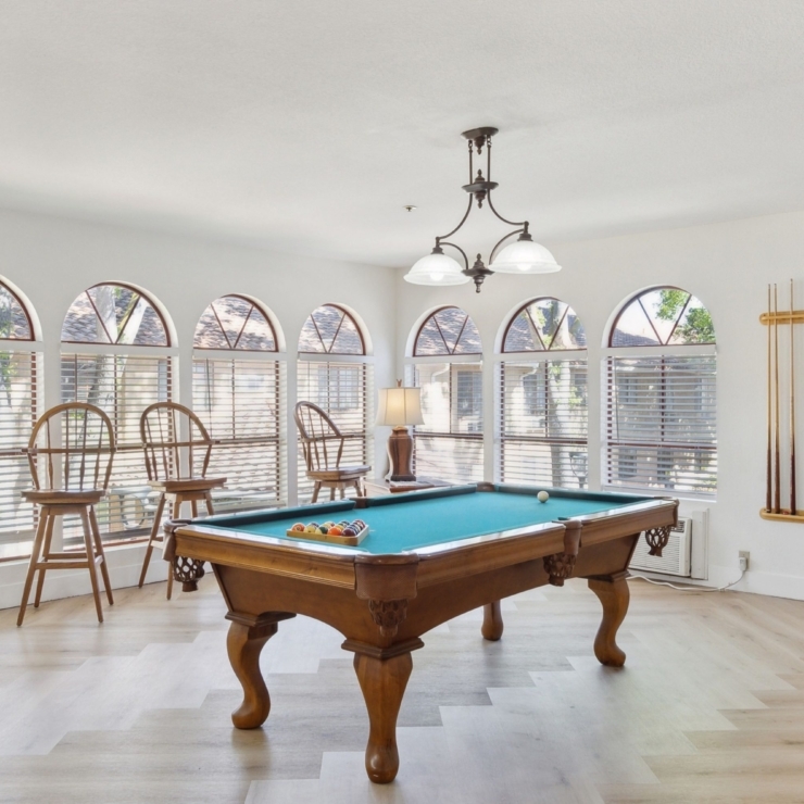 Bright and inviting, this space features a pool table surrounded by natural light, perfect for gatherings.