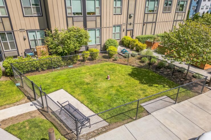 A vibrant outdoor space with lush greenery and seating invites community and relaxation.