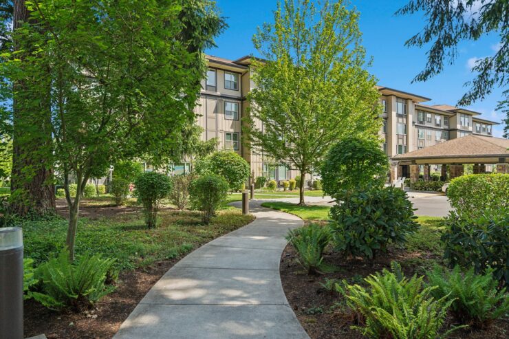 Lush greenery surrounds a welcoming pathway leading to a vibrant community, fostering connection and comfort.