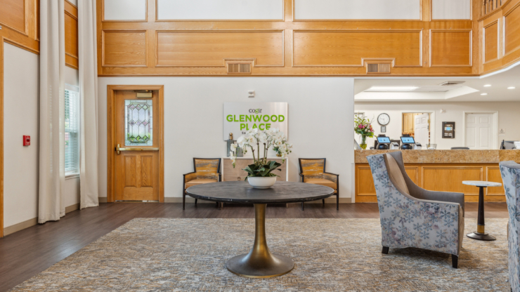 Welcoming lobby with elegant decor and natural light, fostering a warm community atmosphere.