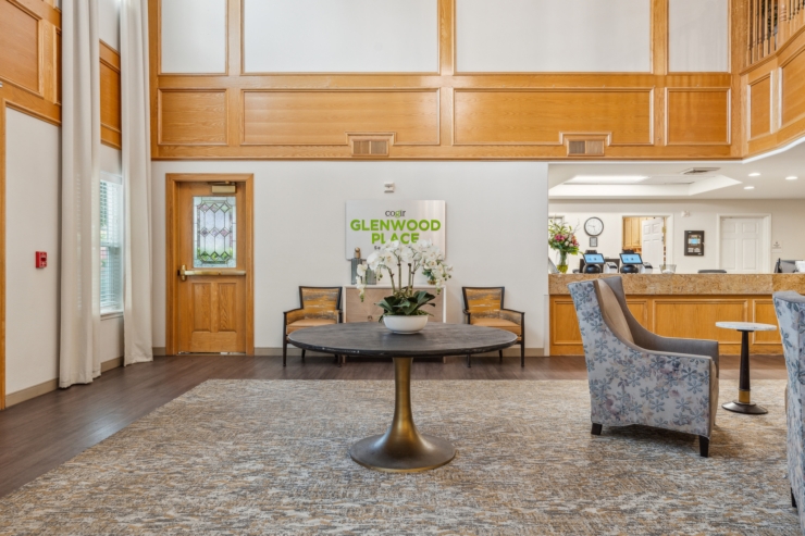 Welcoming lobby with elegant decor and natural light, fostering a warm community atmosphere.