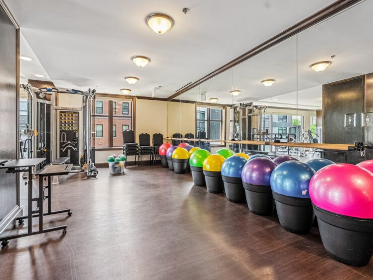 A vibrant fitness room filled with colorful exercise balls, promoting community wellness and activity.