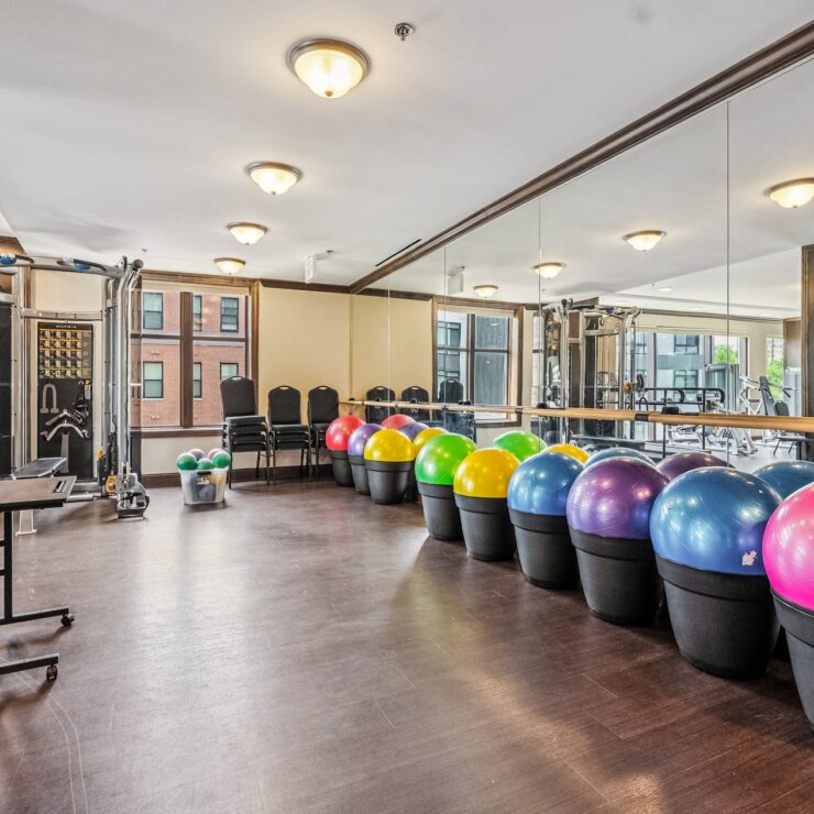 A vibrant fitness room filled with colorful exercise balls, promoting community wellness and activity.