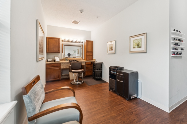 A serene salon space, inviting relaxation and warmth, perfect for community gatherings and pampering.