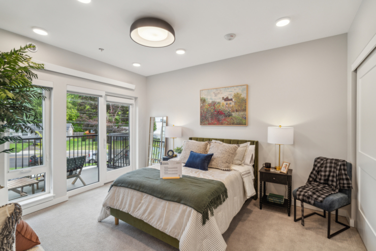 A bright, inviting bedroom showcases comfort and tranquility, perfect for relaxed retirement living.