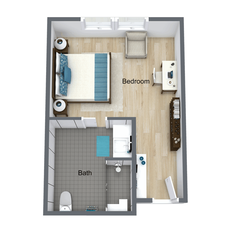 A spacious, welcoming layout featuring warm wood tones and a cozy bathroom, perfect for comfort and ease.