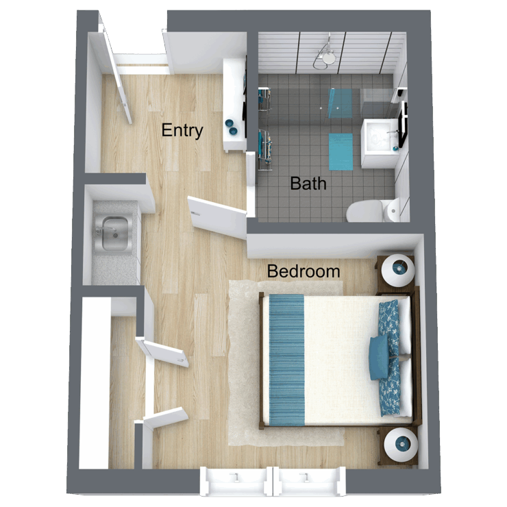 A welcoming layout featuring a spacious bedroom and modern amenities, perfect for comfort and community.