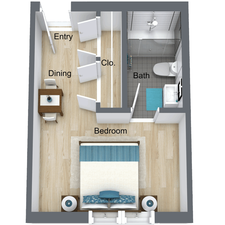 A welcoming layout featuring a comfortable bedroom, dining area, and accessible bath, perfect for community living.