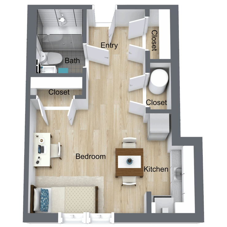 A welcoming layout featuring a comfortable bedroom and inviting living spaces, perfect for community life.