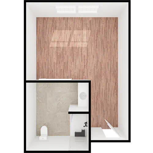 A spacious, welcoming layout featuring warm wood tones and a cozy bathroom, perfect for comfort and ease.