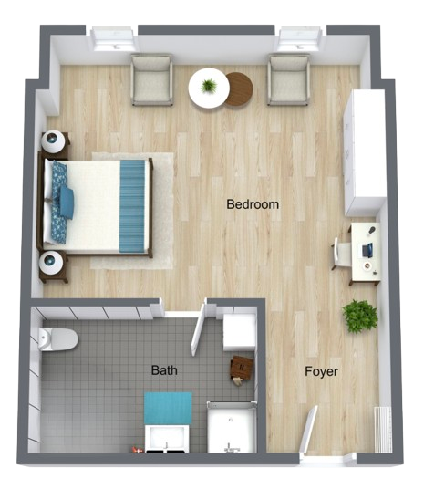 A bright, inviting layout featuring a bedroom, bath, and foyer, promoting comfort and community.