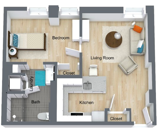 A bright, inviting layout featuring a cozy bedroom and comfortable living space, perfect for community living.