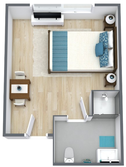 Bright, inviting private suite with combined living and bedroom area and a modern bathroom.