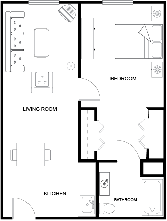 A welcoming layout featuring a living room, kitchen, bedroom, and bathroom, perfect for comfort and community.