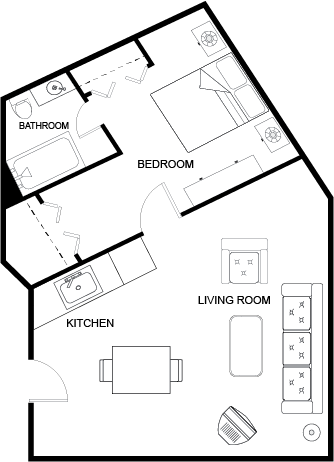 A welcoming layout featuring a living room, bedroom, and kitchen, perfect for community living and comfort.