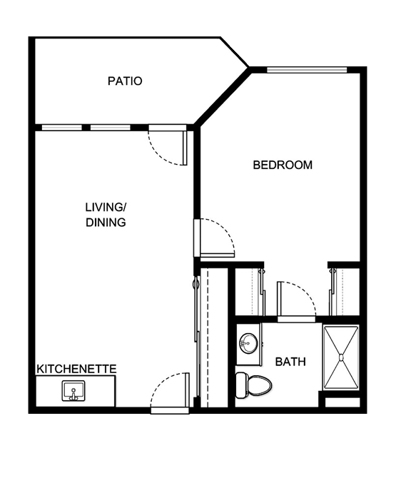 Thoughtfully designed layout with a welcoming living space, inviting kitchenette, and serene patio.