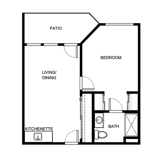 Thoughtfully designed layout with a welcoming living space, inviting kitchenette, and serene patio.
