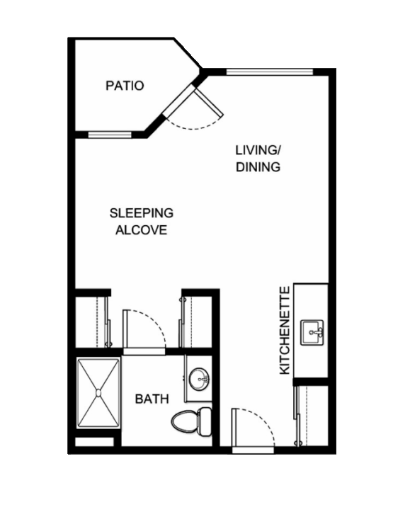 A welcoming layout featuring a living area, kitchenette, and private patio for relaxation and community.