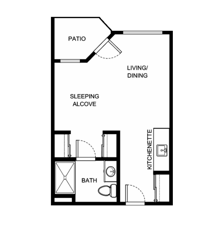 A welcoming layout featuring a living area, kitchenette, and private patio for relaxation and community.