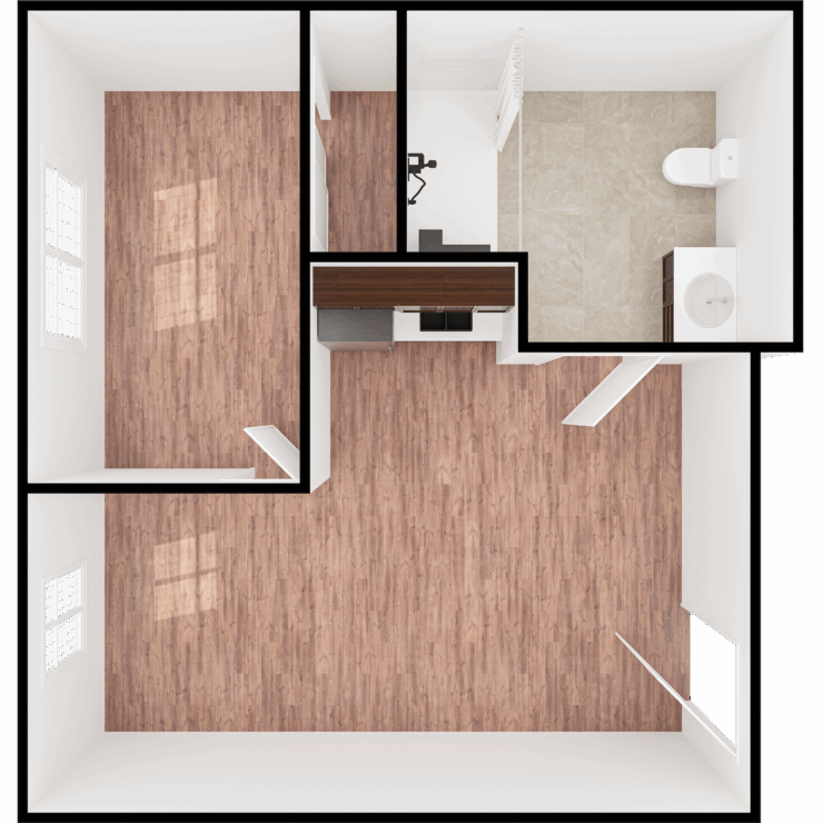 Bright, spacious layout with warm wood floors, inviting comfort for a vibrant community lifestyle.
