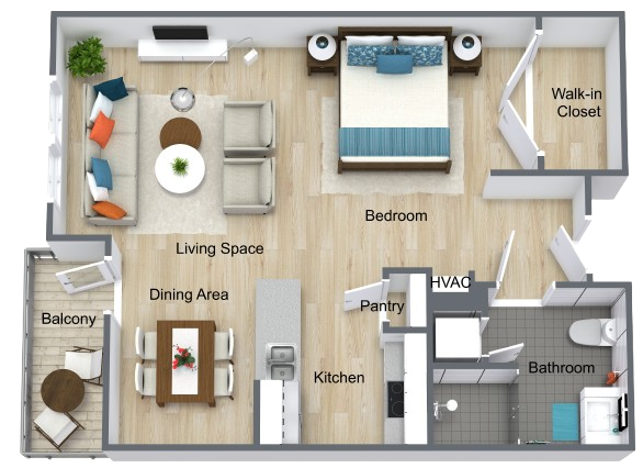 Spacious layout featuring a living area, kitchen, and balcony, perfect for community living.