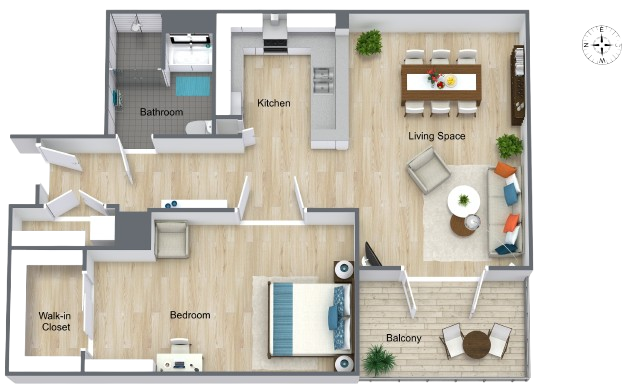 A thoughtfully designed layout featuring a welcoming living space, kitchen, and balcony for relaxation.