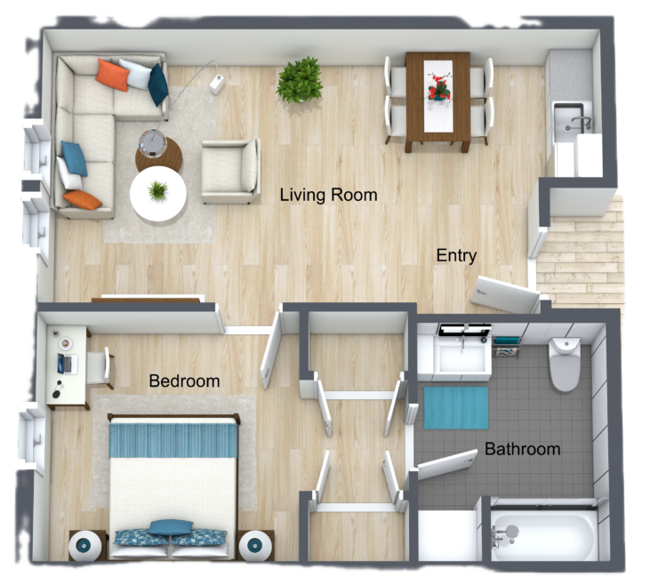 Bright and inviting senior living apartment with spacious areas for relaxation and comfort.