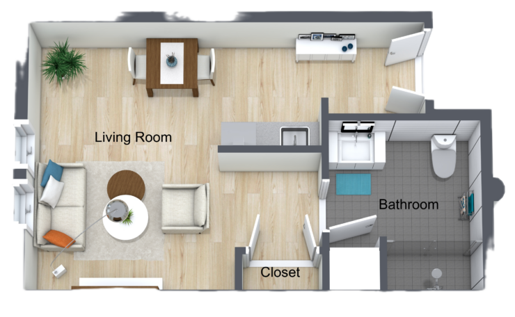 Bright and inviting studio layout with comfortable seating, dining area, and accessible bathroom.