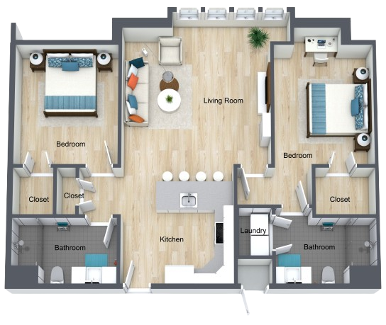 Spacious two-bedroom apartment with open living and kitchen areas designed for comfort and community.