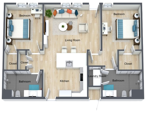 Spacious two-bedroom apartment with open living area, modern kitchen, and ample storage for comfortable living.
