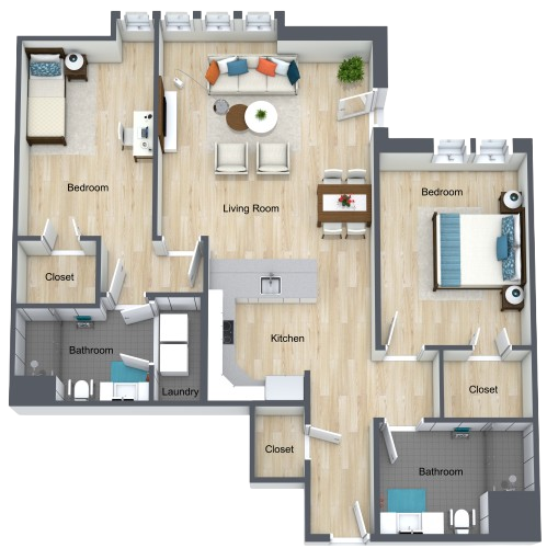 Spacious two-bedroom apartment with inviting living and dining areas designed for comfort and community.