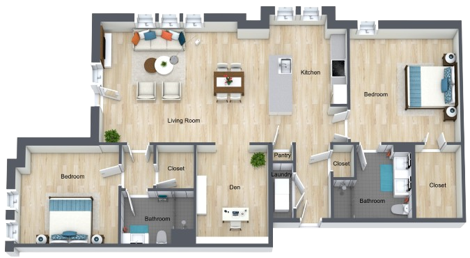 Spacious apartment layout with open living, dining, and kitchen areas designed for comfort and community.