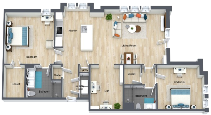 Spacious two-bedroom apartment with open living areas designed for comfort and community living.