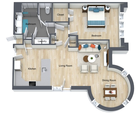 Spacious one-bedroom floor plan with open living, dining, and kitchen areas designed for comfort and ease.