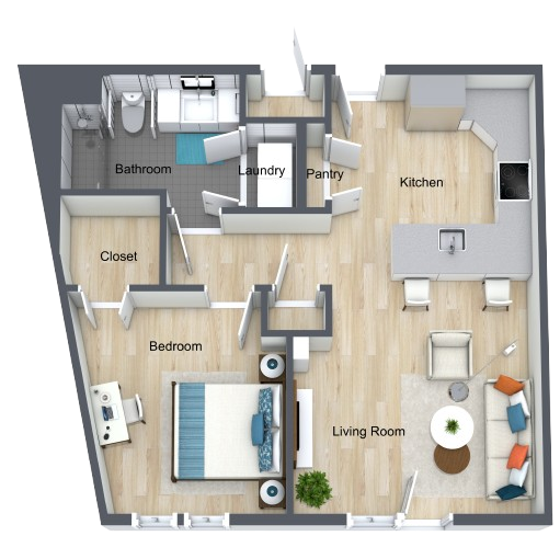 Bright one-bedroom apartment with open living space and functional kitchen for comfortable living.