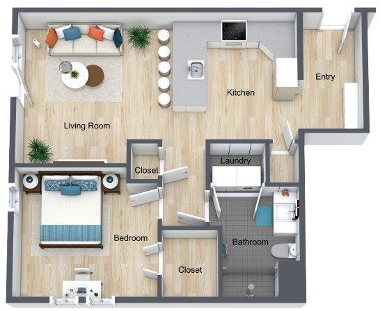 Open floor plan with living room, kitchen, bedroom, and amenities designed for ease and comfort.