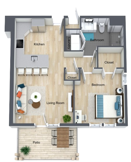 Open floor plan with kitchen, living room, bedroom, and patio promoting comfort and community living.