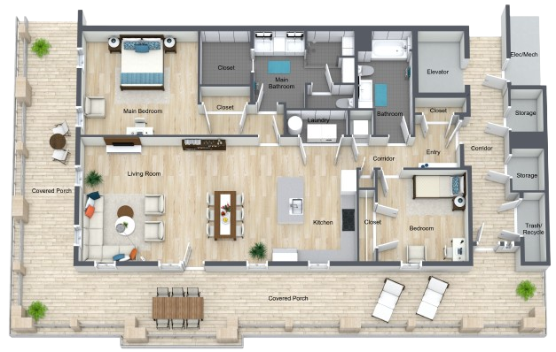 Spacious 2-bedroom apartment with open living areas and large covered porches for relaxation.