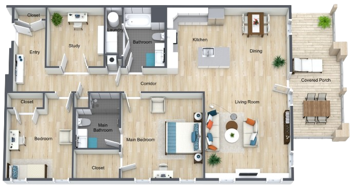 Spacious and inviting apartment layout showcasing living, dining, porch, bedrooms, and study areas.