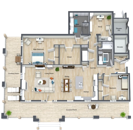 Spacious, well-designed living space with bright rooms, ample storage, and inviting porches for community connection.