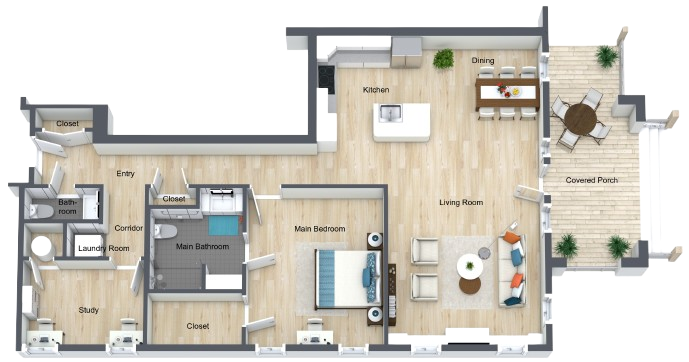 Spacious, open-concept living with dining, kitchen, main bedroom, study, and covered porch for relaxation.
