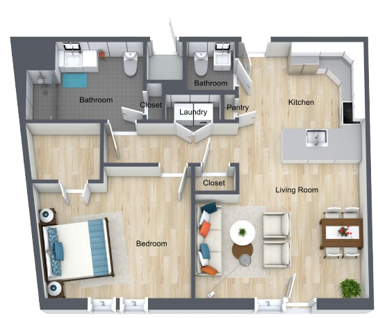 Spacious one-bedroom apartment with open living area, modern kitchen, and accessible bathroom for comfort.